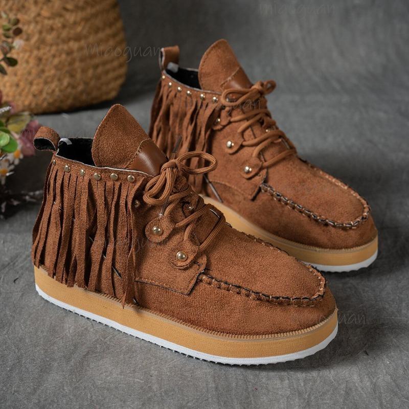 Kurzflorige Damen-Ankle Boots mit dicker Sohle, Quasten, Wildleder, Herbst-Winter-Booties, Bequeme Schuhe, Große Größen 36-43, Botines