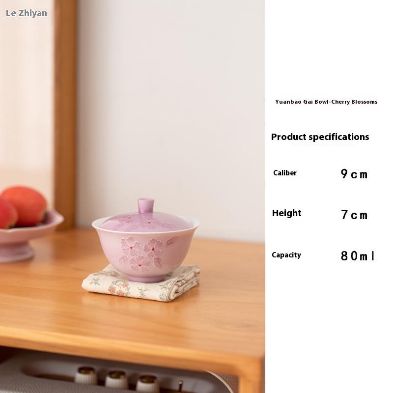 

White Porcelain Stack Carving Hand-painted Cherry Blossom Cover Bowl Pot Bearing Lady s Tea Bowl Ceramic Kung Fu Single Gaiwan