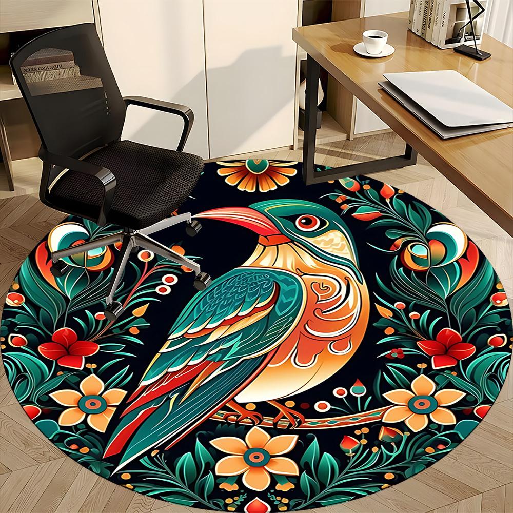 1PC Floral Bird Office Round Area Rug, Mat Suitable For Office, Under Office Chairs Bedroom Living Room Home Decor, Room Deco