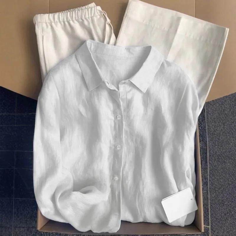 Camicia da donna in lino stile francese per la primavera/estate: Top casual a maniche lunghe in cotone e lino, dalla vestibilità morbida