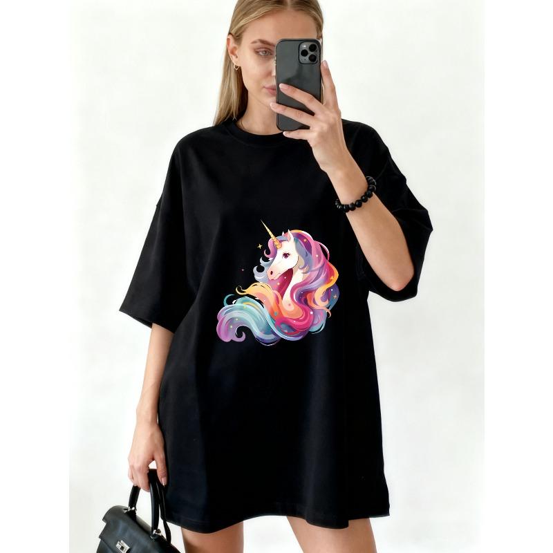 Oversized T Shirt Black Unicorn Rainbow Print For Casual Wear