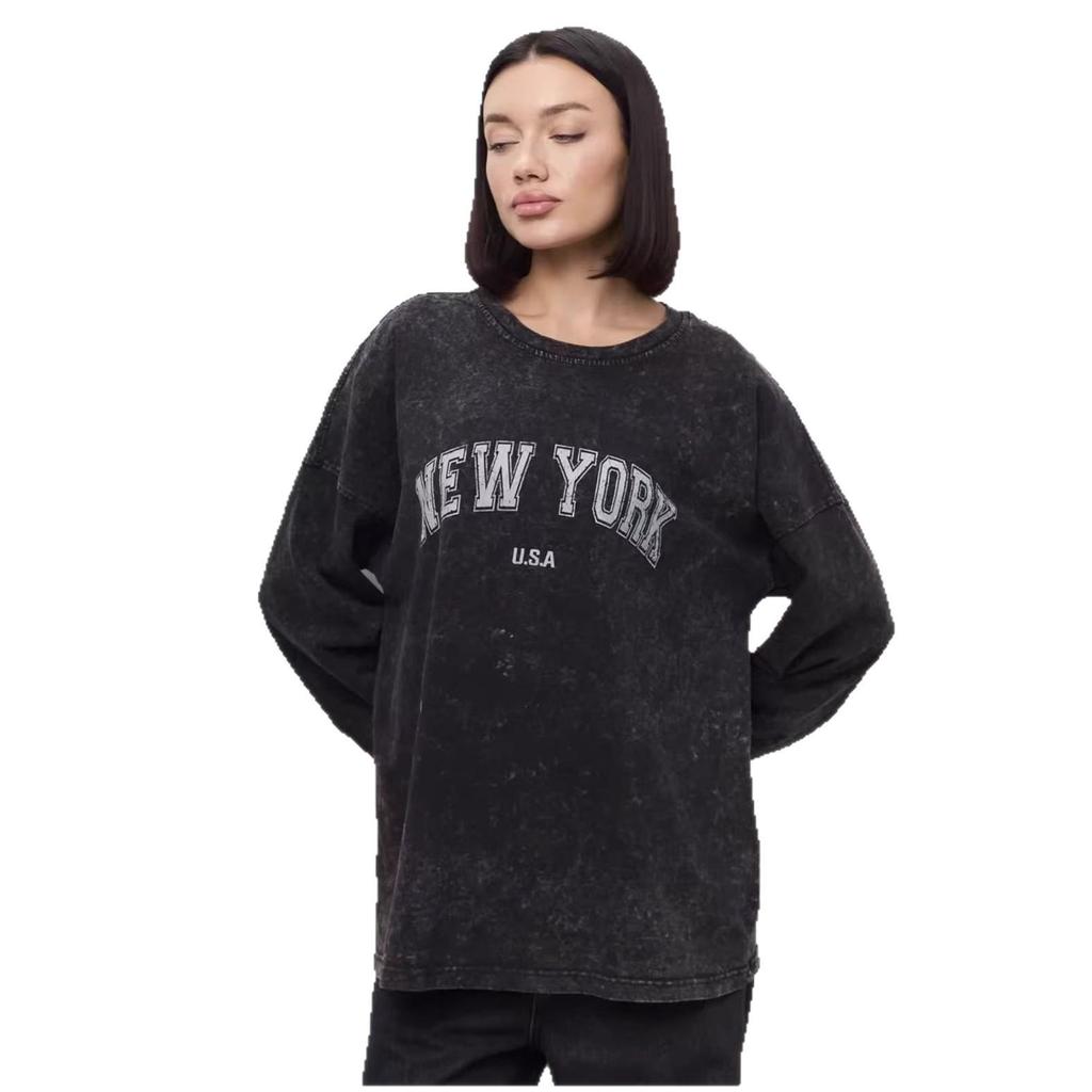 Vintage European-American Style Black Cotton Print Long Sleeve Slimming T-Shirt for Women