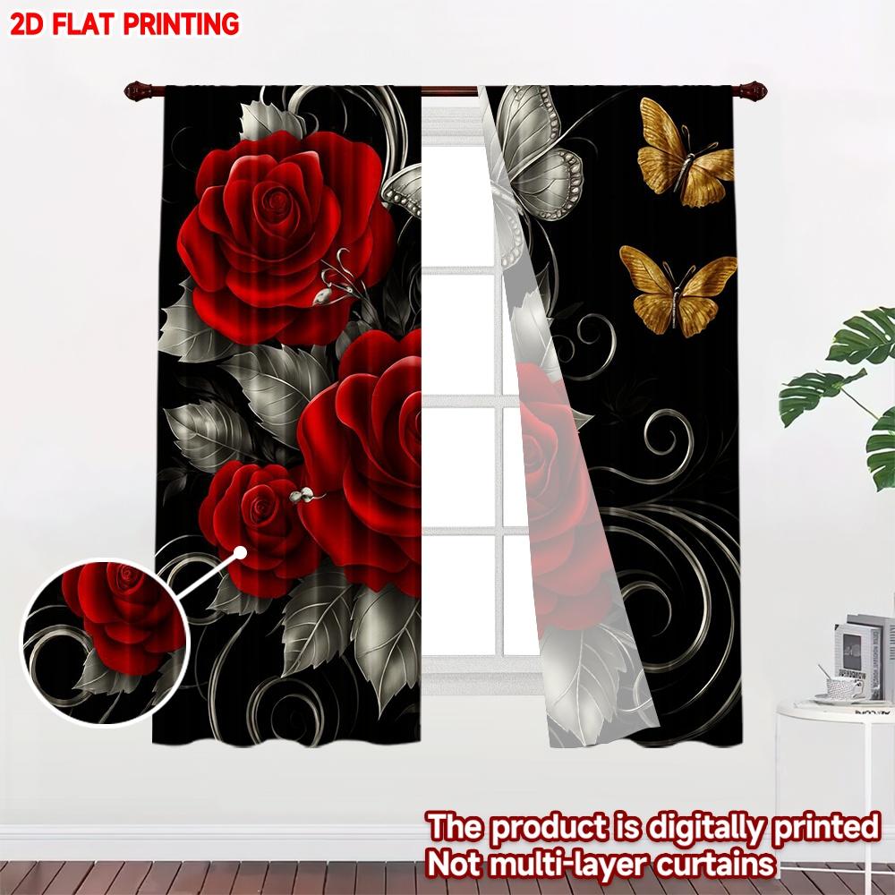 Set Of 2 Flat Printing Happy Valentine Day Window Drapes Romantic Red White Rose Butterfly Digital Printed Polyester Curtains Made