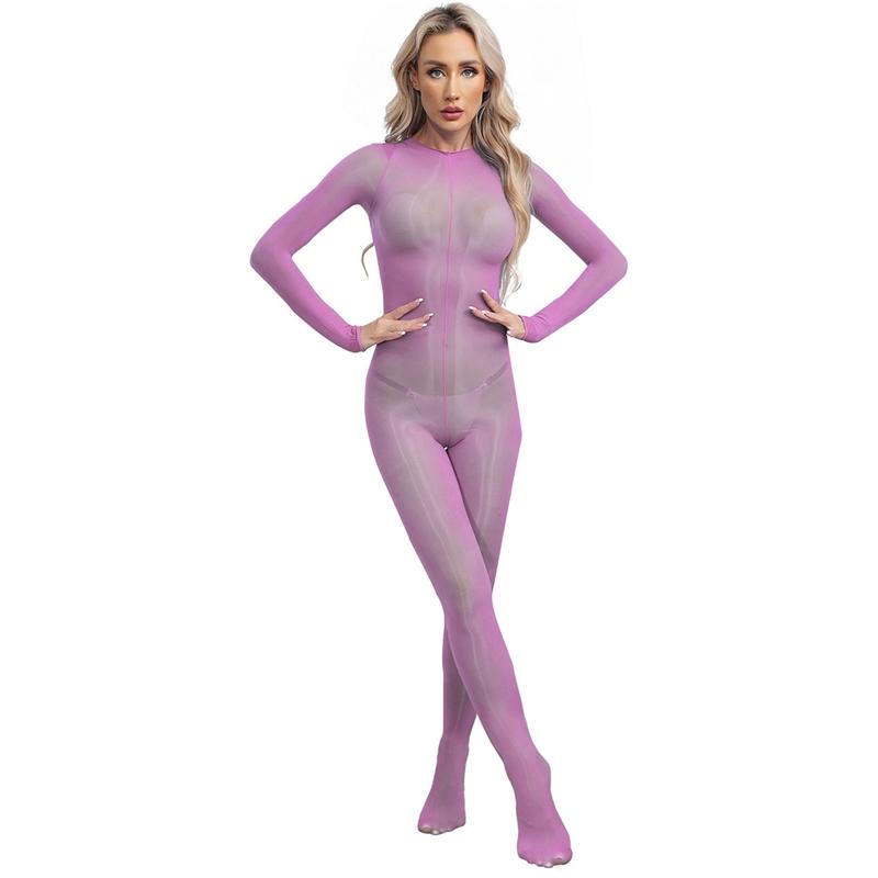 Womens Glossy Unitard See-through Stretchy Bodystocking Long Sleeve Bodysuit Valentines Day Nightwear