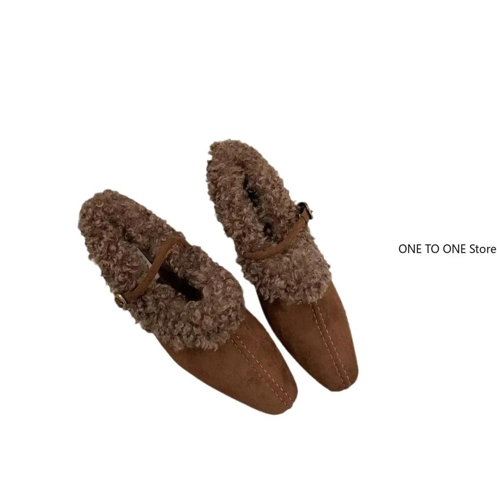 Fashion 2025 Mary Janes  Elegant Metal Buckle Woman Chic Brand Design Fur Women Low Heel Dress Shoes Ladies Winter Warm Plush Belt Pump