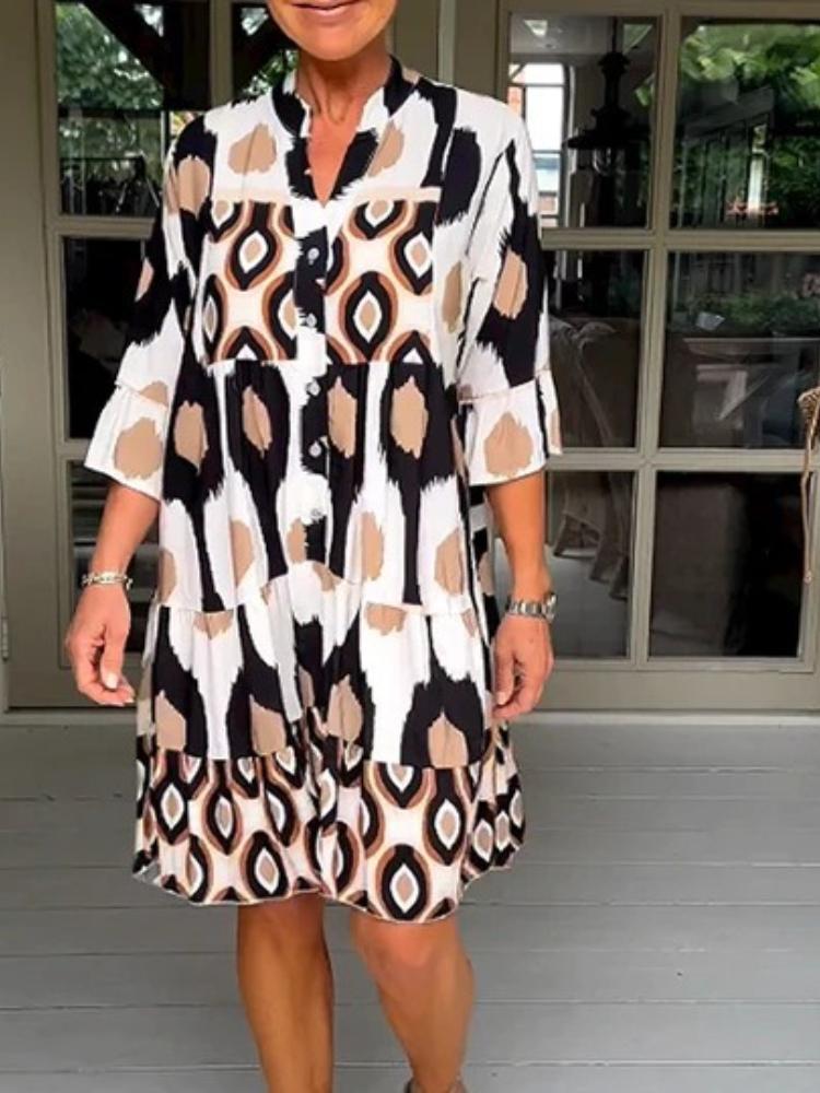 

Women s Geometric Print V-Neck Ruffled Sleeve Tiered Midi Dress in White/Black/Brown S