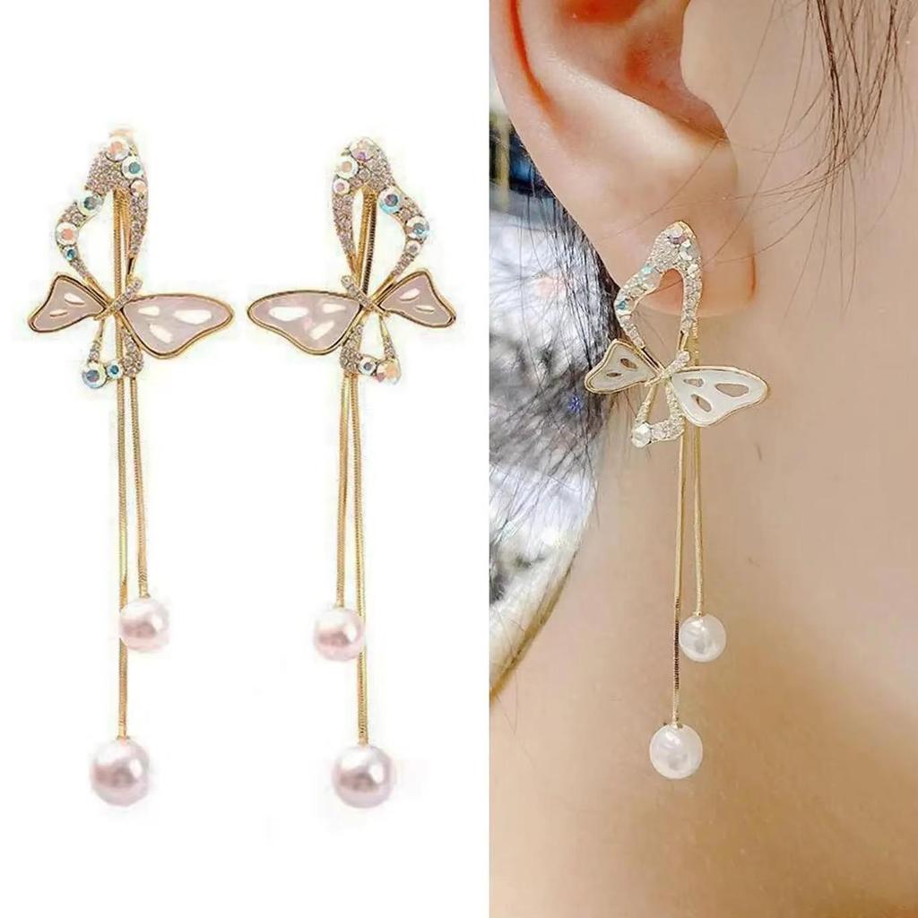 925 Silver Needle Green Red Butterfly Long Tassel Earrings For Women Jewelry Trending Korean Fashion Crystal Drop Earrings