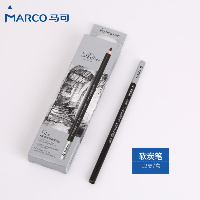 MARCO 12 Stück Professionelle Zeichenkohle-Stifte Holz Weich/Mittel/Hart Leicht Anspitzbar Verdickte Graphitmine Tiefschwarz