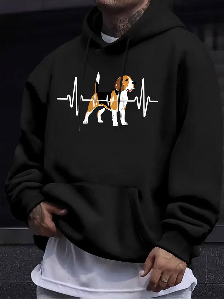 American/European Style unisex Autumn/Winter Printed Hooded Long-Sleeve Sweatshirt, Dog ECG Silhouette Print Hoodie, Healing Cute Pet Style, Gentle De