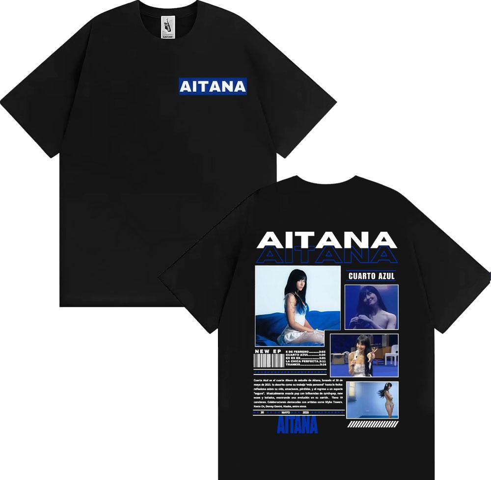 Camiseta Gráfica de Camiseta de Algodón de Verano Unisex para Mujer Aitana Singer Cuarto Azul Oversize Cuello Redondo Manga Corta YK Clothing