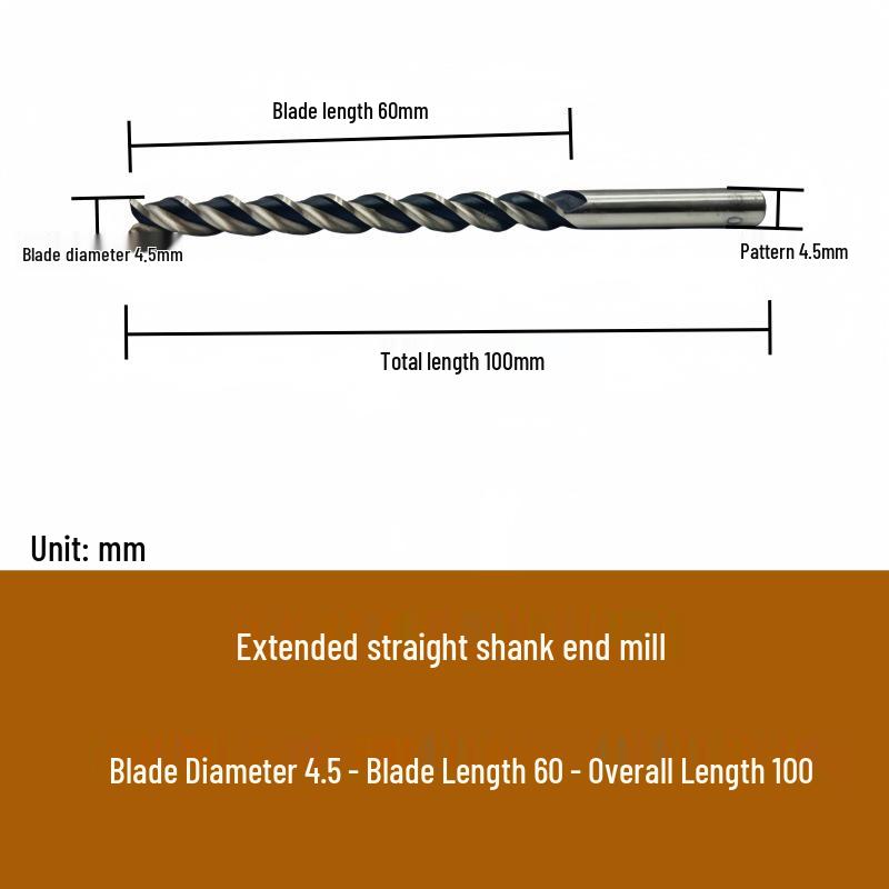 High-Speed Steel Extended Straight Shank Three-Flute End Mill, 2.5-10mm, White Steel