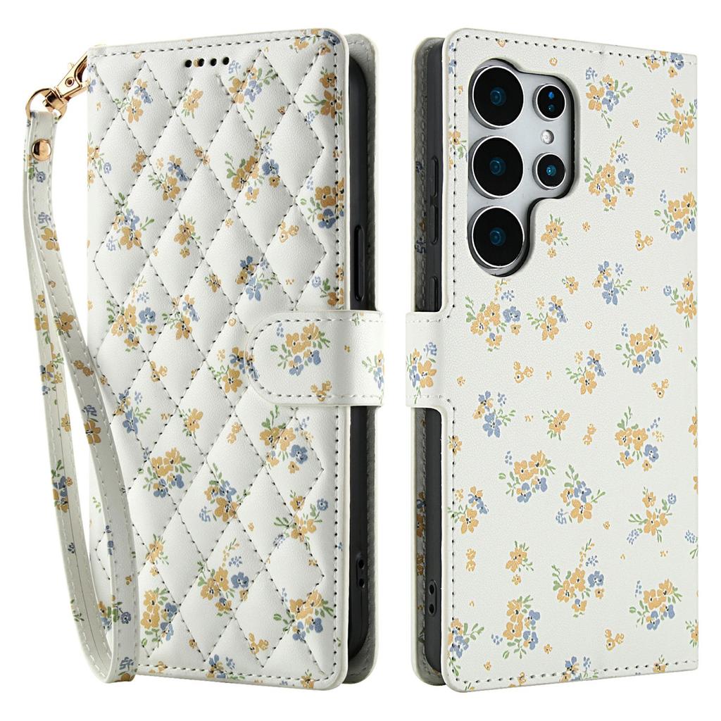 Für Samsung Galaxy S25 Ultra Brieftasche Hülle Rhombisches Blumendesign Leder Klapphandyhülle mit Trageband
