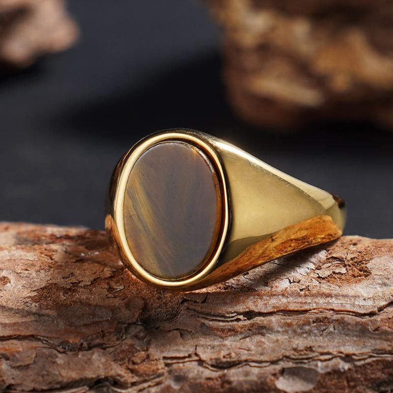 1pc Men's Women Ring Vintage 316L Stainless Steel Ring with Black Onyx Agate Tiger Eye Lapis Stone Unisex Ring Jewelry