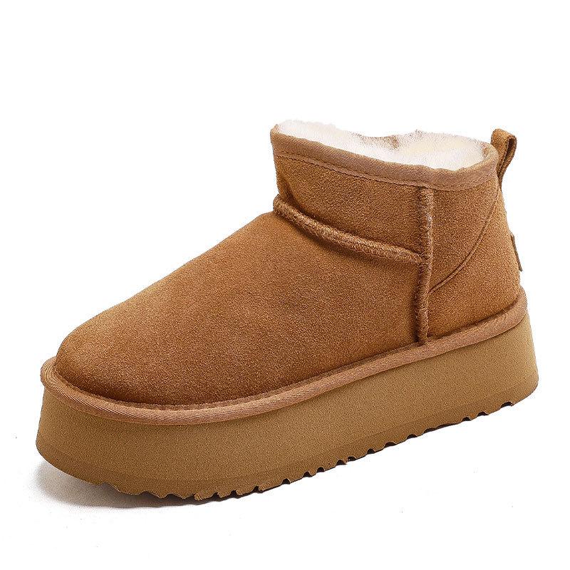 Winter New Short Snow Boots Women's Thick-soled Cowhide Wool Velvet Thermal Shoes Low-top Heightening Thickened Non-slip Sole