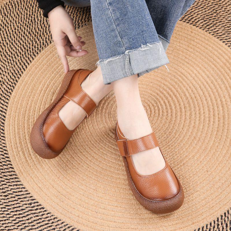 Fashion New authentic cow leather flats woman summer mary jane shoes for women autumn soft strappy loafer ladies daily walk shoes travel