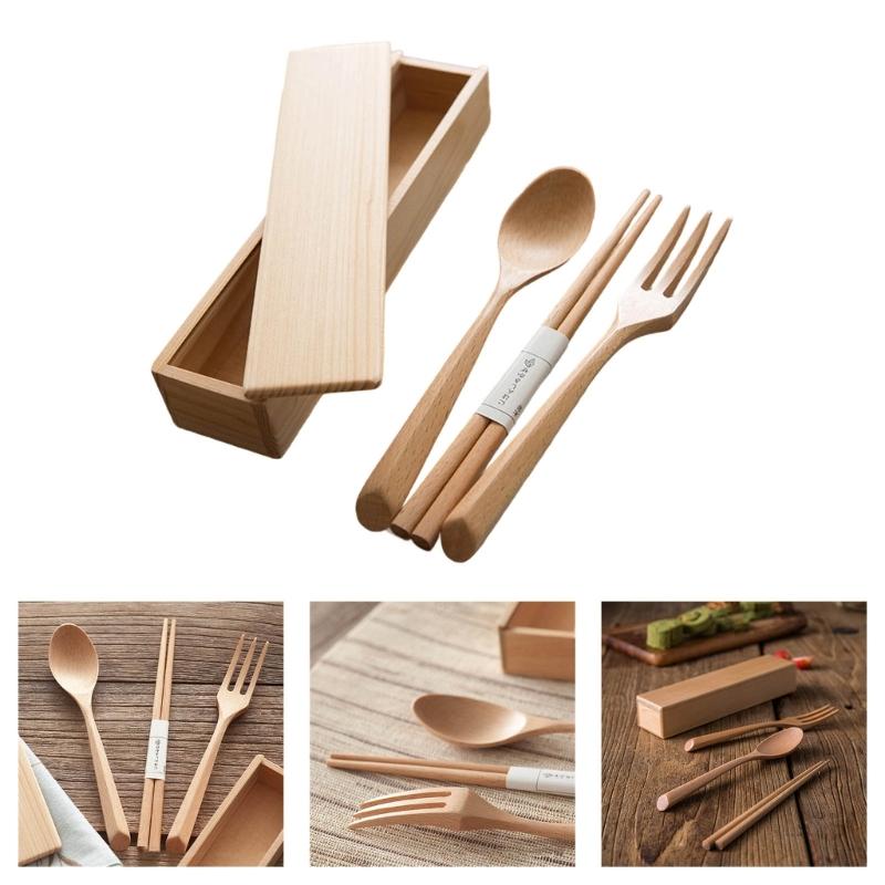 Natural Wooden Utensils Set With Fork Spoon Chopsticks Compact Travel Essential For Office School Outdoor Dining