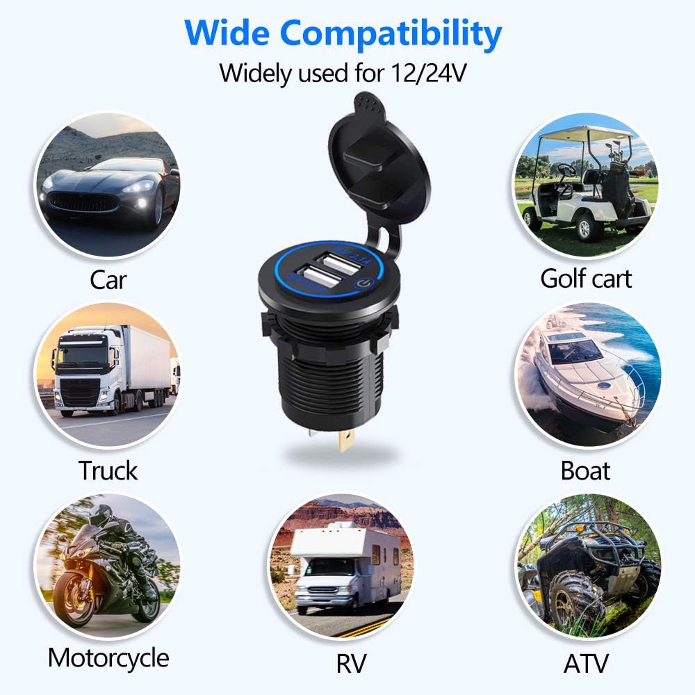 2Pcs Charger Car USB Socket 5V 4.2A Quick Charge with LED Display, Waterproof and Dustproof, 12V ~ 24V Vehicles Car Boat Motorcycle SUV Bus Truck Etc.