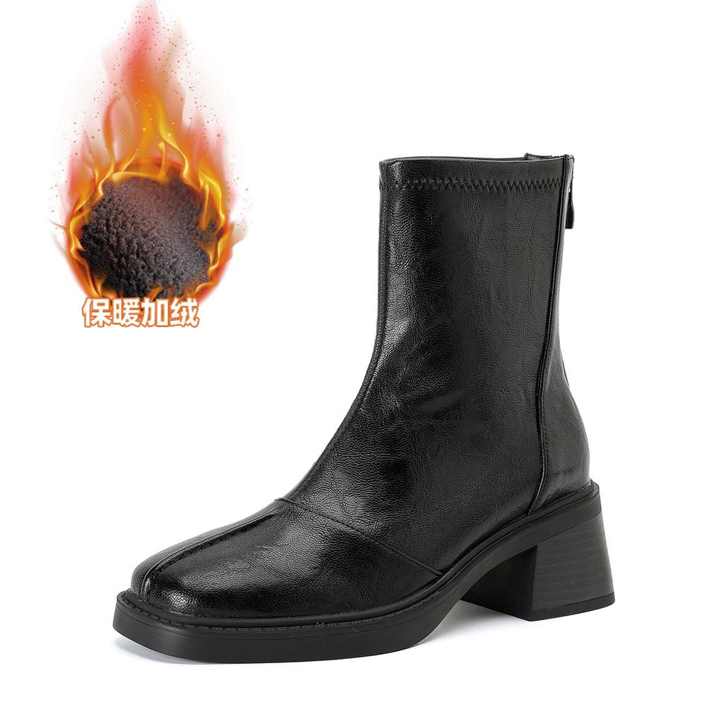 High heeled short boots for women in autumn and winter 2026  thick heel short tube square toe short boots with plush slim boots