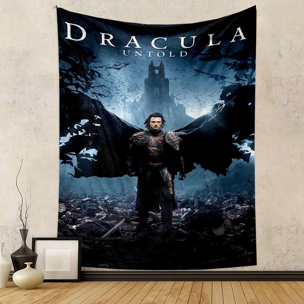 A dark-clad warrior stands amid bats and debris, castle in the background. Patterned tapestry for bedroom and living room home decor