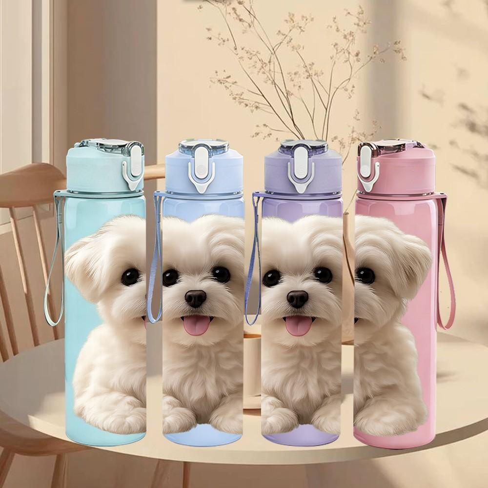 1PC White Fluffy Bichon Puppy 750ml Color Plastic Sports Water Bottle Leakproof Flip Straw Lid Suitable for Sports Office Home Use