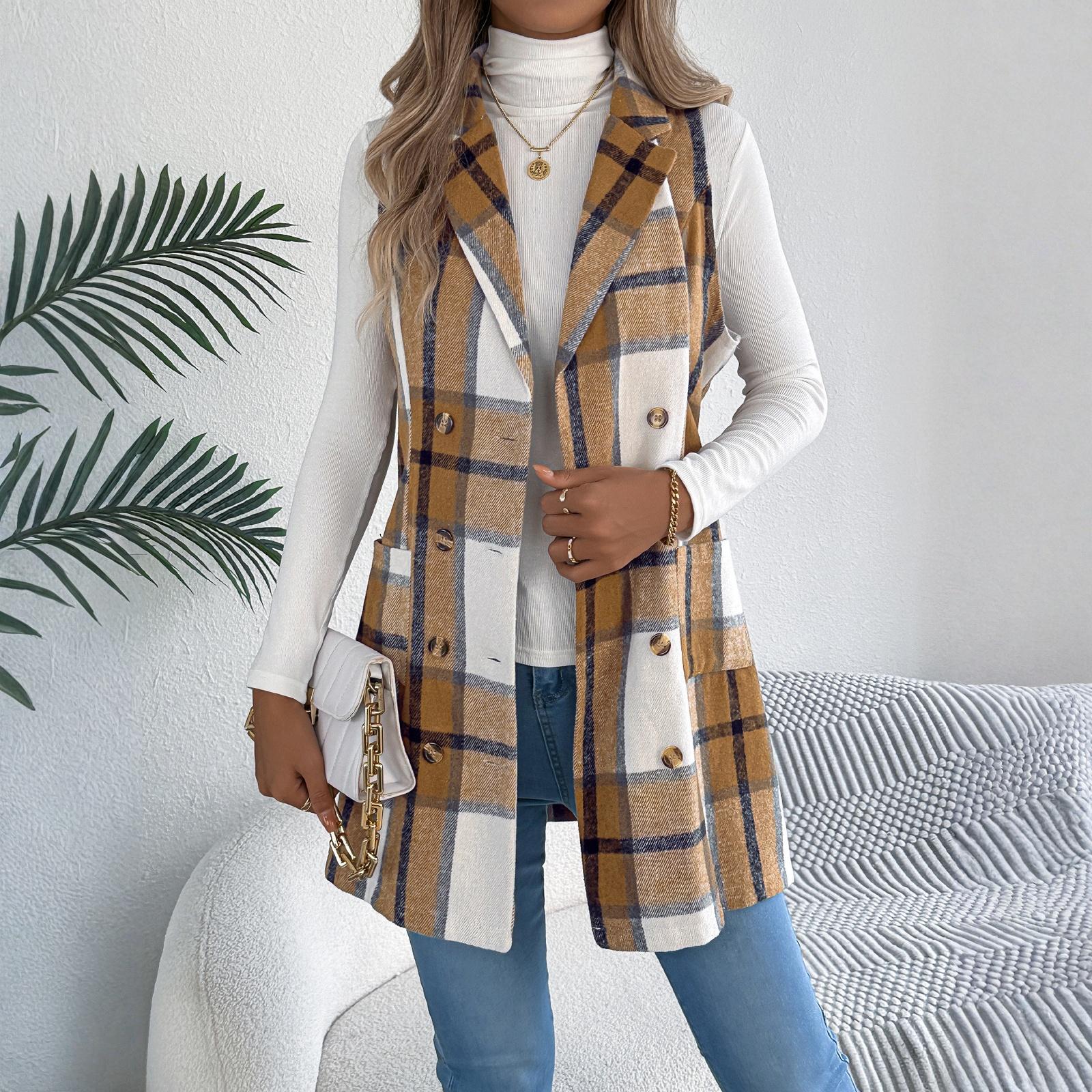 

Women s Plaid Double-Breasted Pocket Woolen Coat Long Vest S хаки