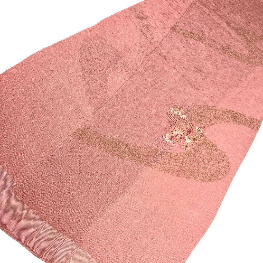 Used Japanese accessories, obi-age, pure silk, snow ring and floral pattern, Shantou embroidery, gold, crepe, pink C-5926