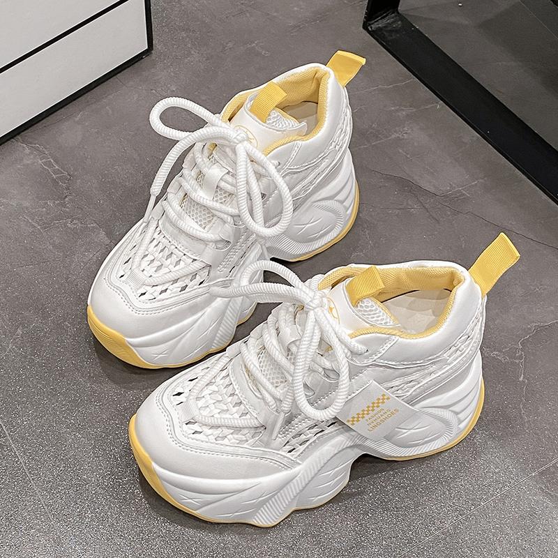 Fashion New 2025 Chunky Leather Sneakers Casual Vulcanized Shoes Woman High Platform Breathable Weave Sneakers 10CM Sport Dad Shoes