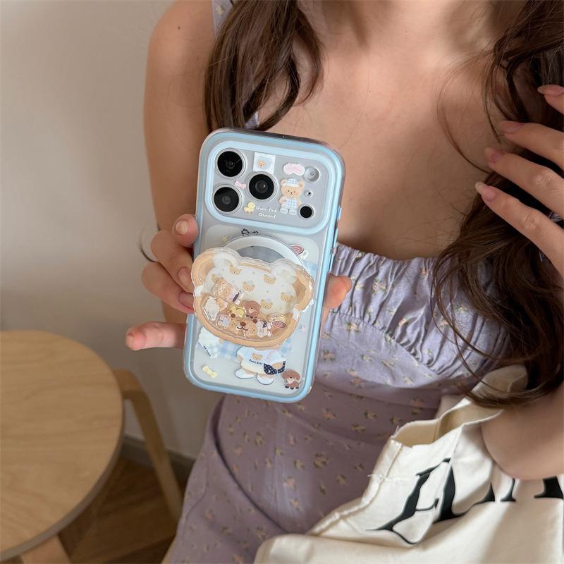 Blue plaid cute bear rocking music magnetic suction bracket for iphone11Promax iPhone 11 mobile phone case female