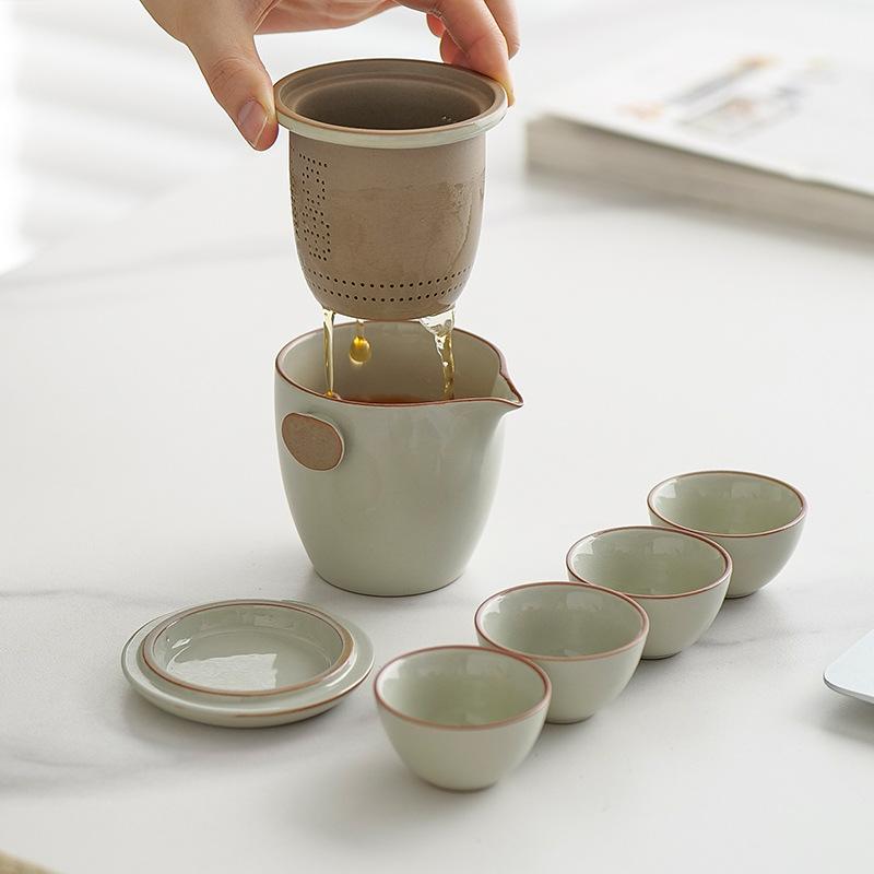 High-end Ru kiln travel tea set, one person drinking outdoor teapot teacup, portable Kung Fu tea set, Kuaike cup