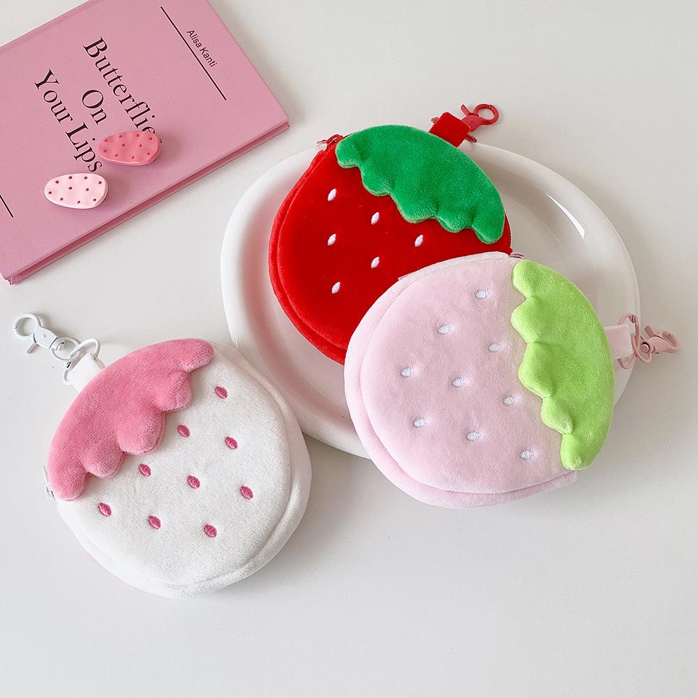 Cute Strawberry Plush Coin Purse Kawaii Mini Pouch for Earphones Holder Small Makeup Bag Backpack Keychain Charm for Women Girls
