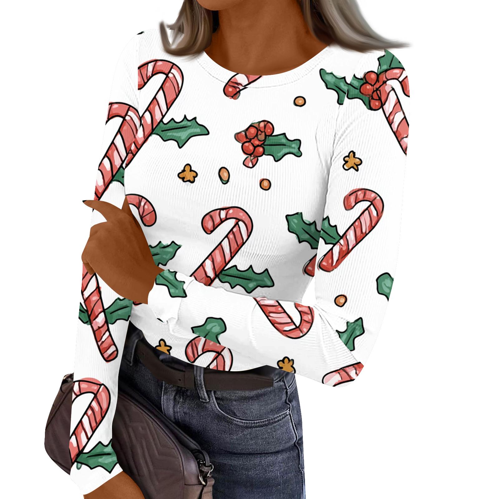 

Женский повседневный модный топ с круглым вырезом, рождественским принтом и длинным рукавом в полоску XL белый
