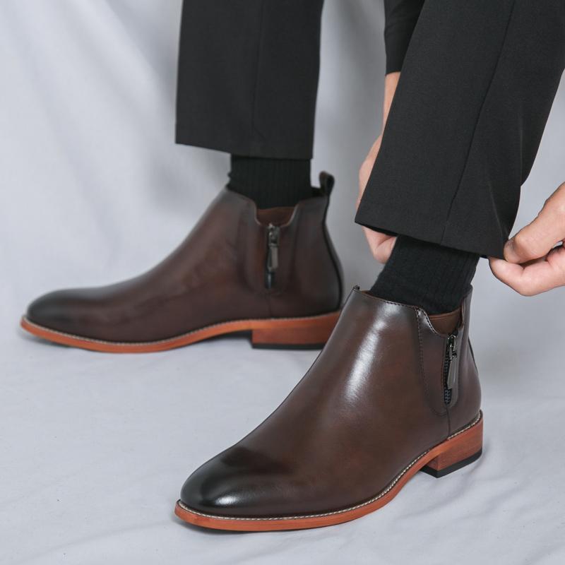 Fashion Fashion Brand Men's Autumn Comfortable Pointed Chelsea Leather Boots Retro Style Men's Side Zipper Breathable Casual Short Boots