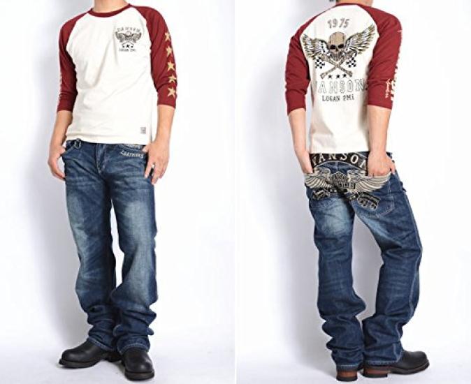 Vanson Jeans Emblem Wing Embroidered Distressed Denim Pants SP-B-10 (Size 38, Indigo)