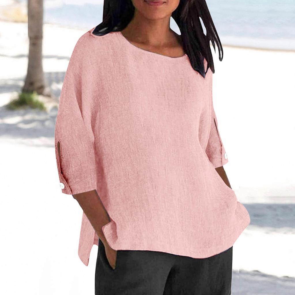 Women's Fashion Seven-Quarter Sleeve Round Neck Solid Color Loose Casual Shirt Tops