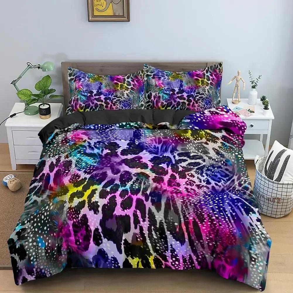 Colorful Leopard Print Bedding Set Gradient Cheetah Pattern Duvet Cover Set Animal Skin Quilt Cover with Pillowcases