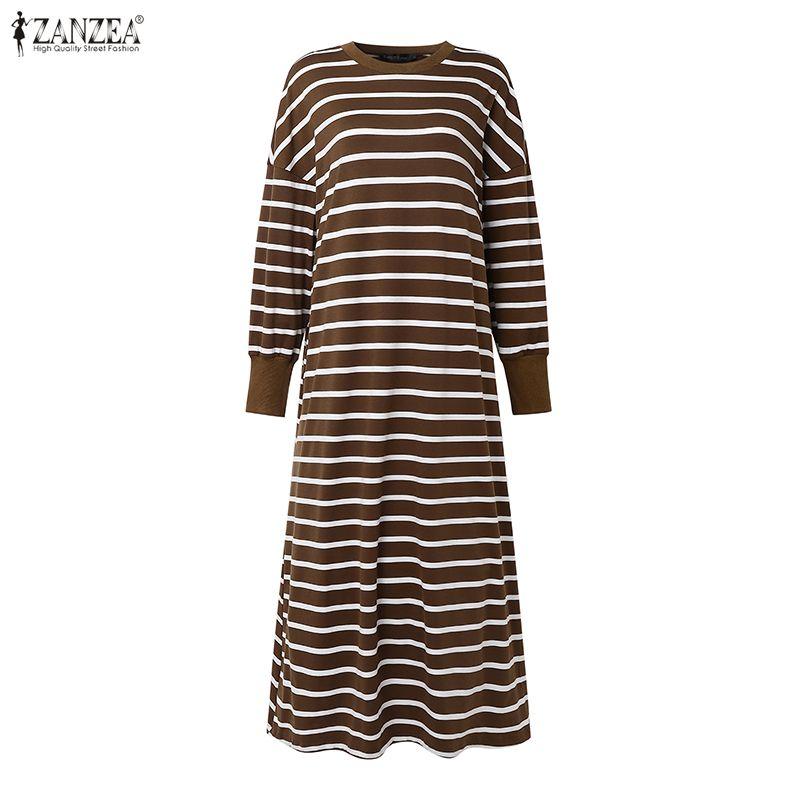 ZANZEA Women Muslim Casual Stripe Print Loose Long Sleeve Dress