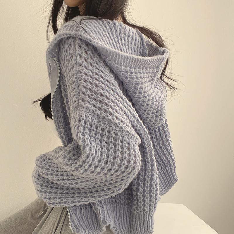 Autumn and Winter Knitted Cardigan Women Hooded Short Sweater Jacket Casual Loose Zipper Office Short Tops Hollow Out Fashion Elegant Office Clothing