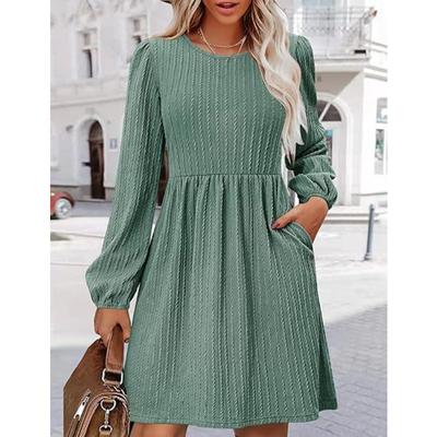 Women's Round Neck Pocket Knit Sweater Long Sleeve A-line Dress