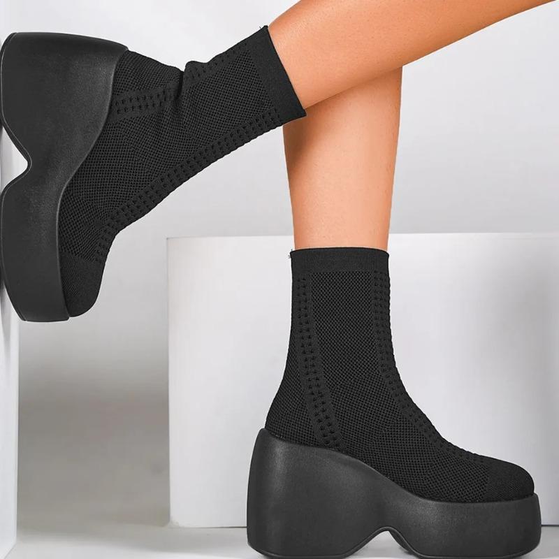 Chunky Platform Knitted Stretch Boots Gothic Wedges Women Ankle Boots Punk Slip-On Sock Boots Winter Trendy Women Shoes