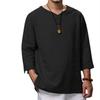 Camicia da uomo ampia in lino di cotone con scollo a V a maniche lunghe