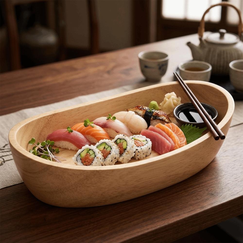 Boat Outline Fruit Bowl Wooden Snack Container Wood Grain Food Platter Vegetable Salad