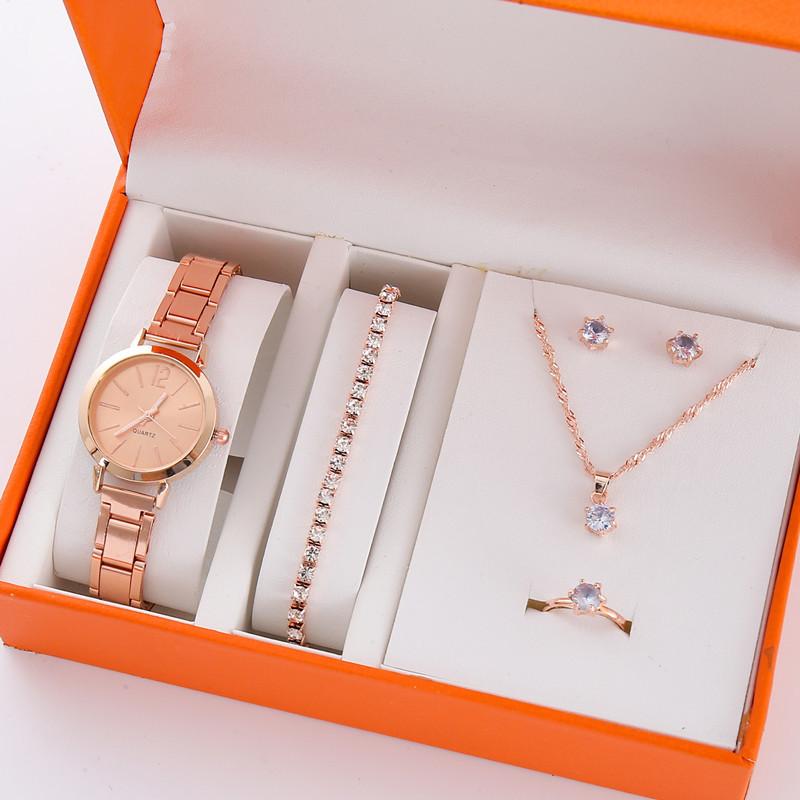 5Pcs/Set High Fashion Diamond-Encrusted Women'S Watch Small Fresh Retro Simple Watch Women'S Bracelet Set
