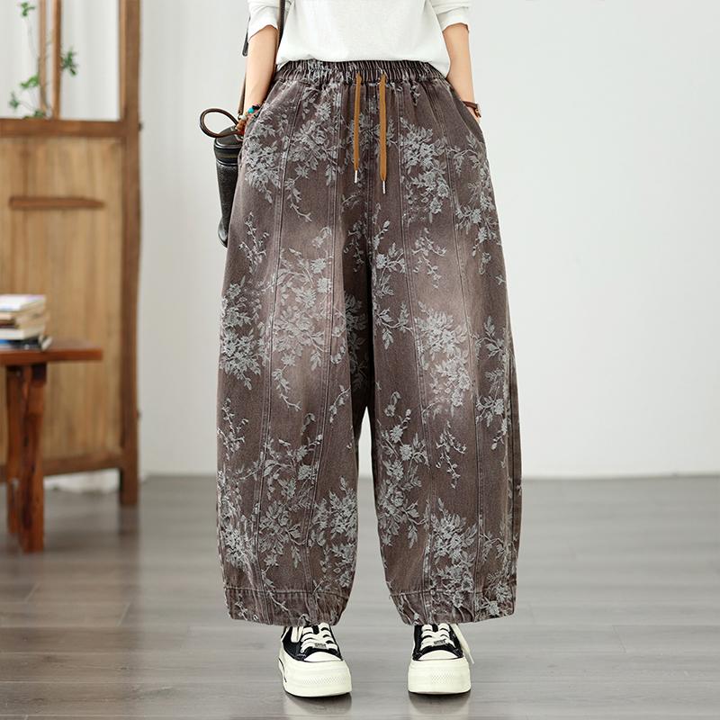 DIMANAF 2026 Autunno Inverno Nuovi Jeans da Donna Taglie Forti Vita Elastica Pantaloni Lunghi Stampa Floreale Larghi Casual Denim Cotone Pantaloni Spessi Vintage Donna