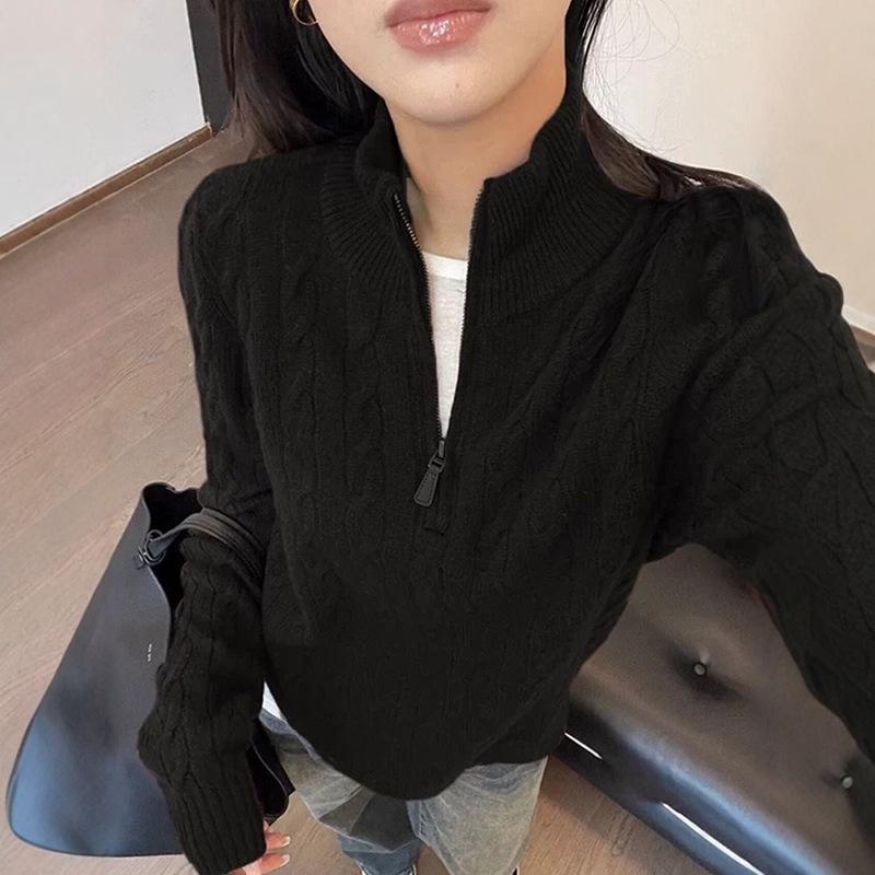 Korean Style Half-Zip Cable Knit Sweater for Women - Autumn/Winter 2024