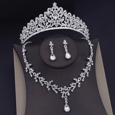 Luxury Silver Color Bridal Jewelry Sets for Women Tiaras Necklace Sets Party Wedding Dress Crown Jewelry Set for Girls