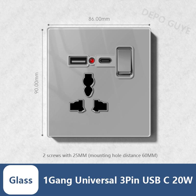 Universal 20W Type-C Wall Quick Charge Socket,Dual Switch Control Universal Power outlet,White UK Standard USB Interface Socket