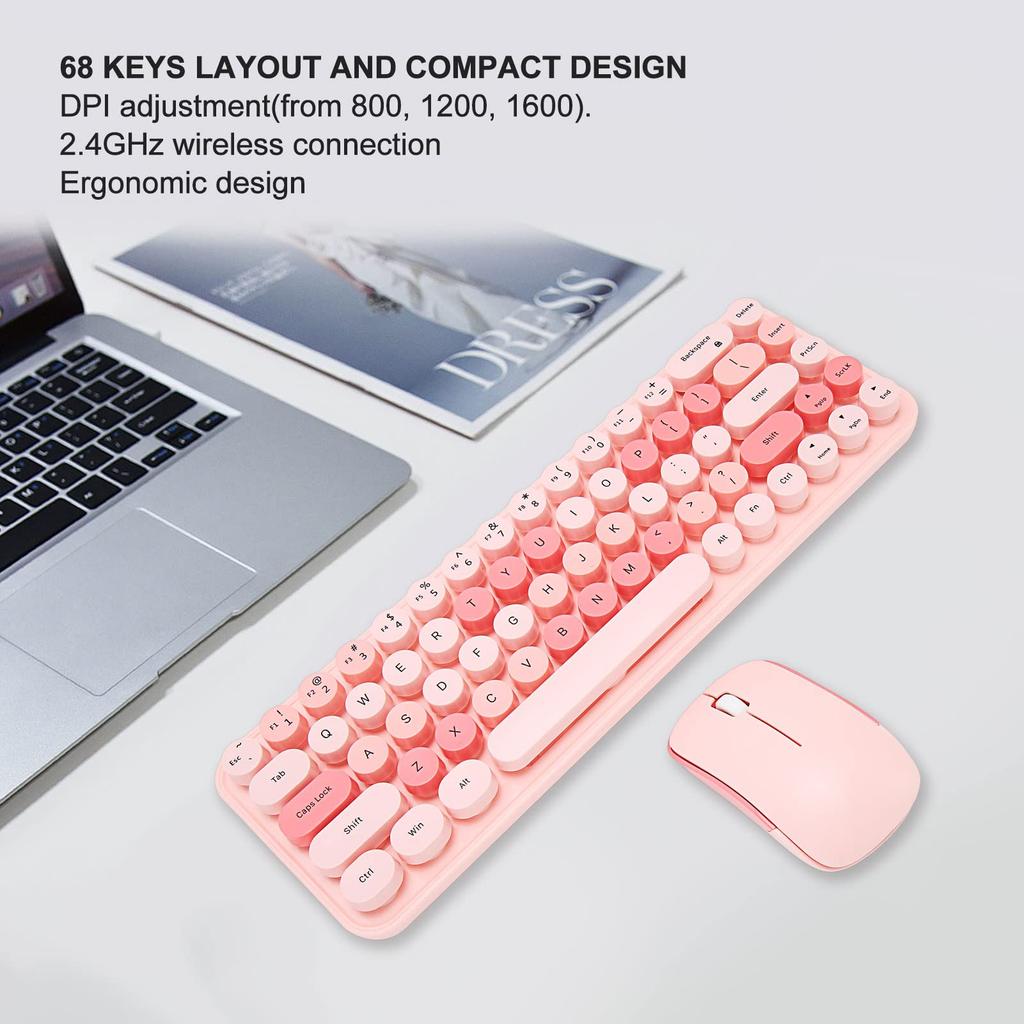Wireless Keyboard and Mouse Cute Retro Round Keycap Typewriter Keyboard with 3 DPI Wireless Computer Keyboard and Mouse Set for Home Office Combo,