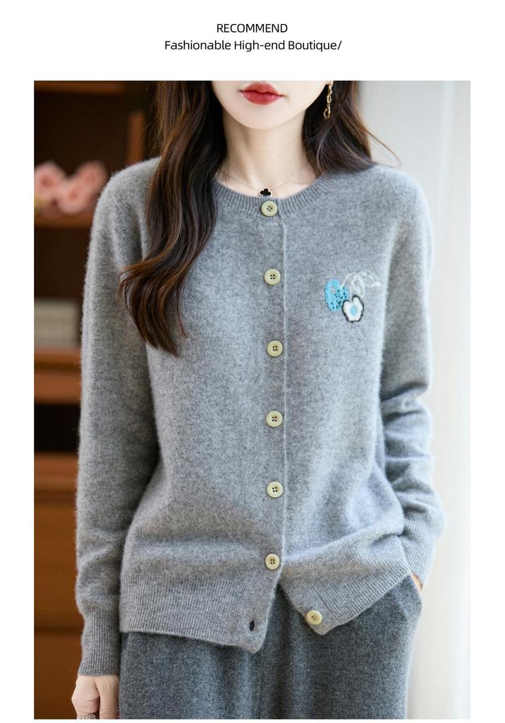 Women's Cherry Jacquard 100% Pure Wool Korean Round Neck Knit Cardigan Sweater Coat