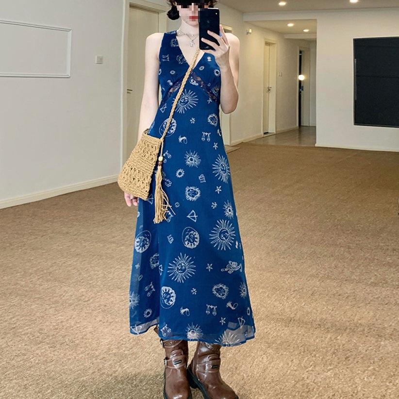 Super Good-looking Printed V-neck Vest Dress, Seaside Vacation Style Waist Repair Off-the-shoulder High-waisted A-shaped Long Skirt