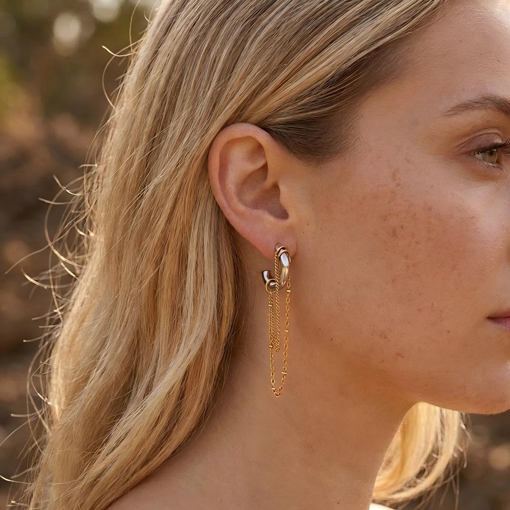 Punk Gold Silver Two Tone Hoop Earrings Women Stainless Steel C Shape Long Chain Tassel Layered Dangle Earring Fashion Jewelry